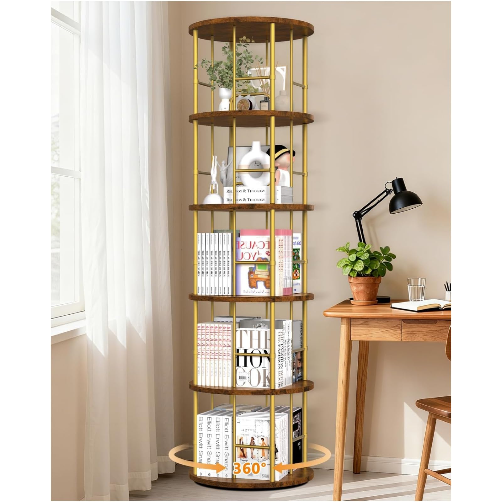 Amazon.co.jp: 【落下防止設計】回転式本棚 5段 大容量 ブックシェルフ